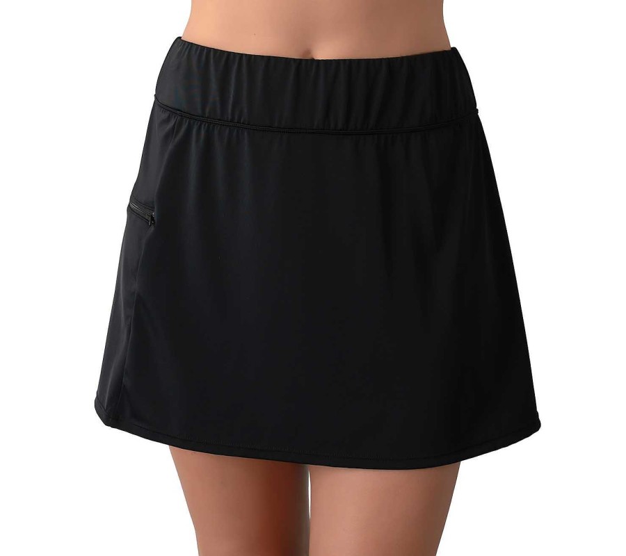 Siwmwear Fit4U Missy Bottoms | Fit 4 Ur Hips Longer Solid Swim Skirt W/ Zippered Pocket Black