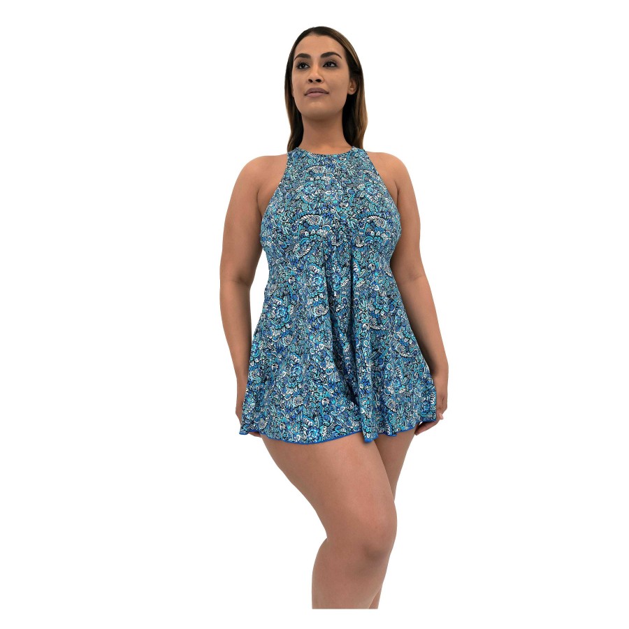 Siwmwear Fit4U Fit 4 Ur Thighs Plus | Fit 4 Ur Thighs Hi Neck Babydoll Dress Aquarius