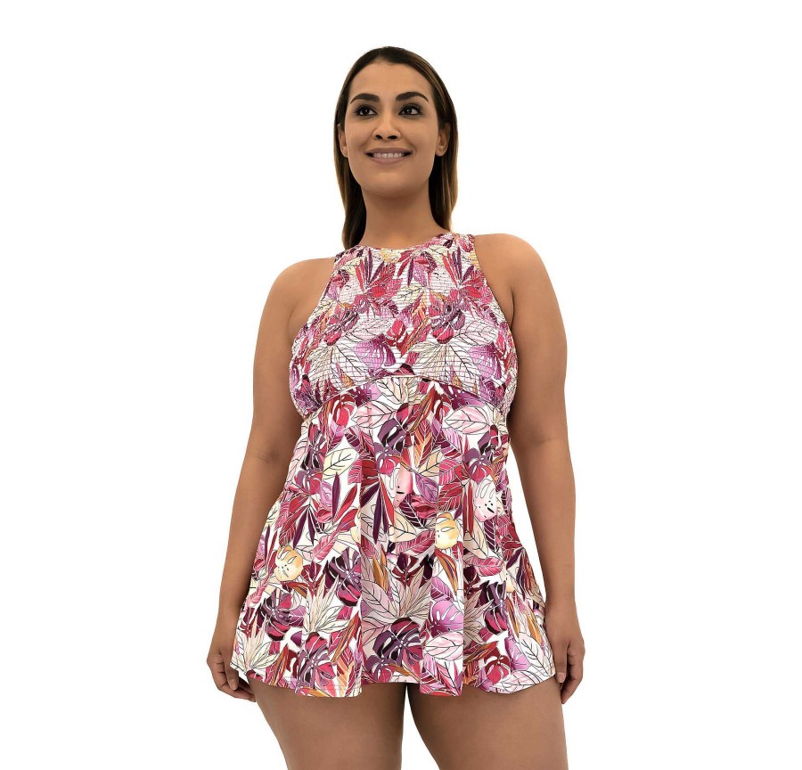 Siwmwear Fit4U Fit 4 Ur Thighs Plus | Fit 4 Ur Thighs Smocked Hi Neck Dress Kapalua