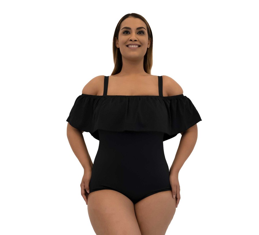 Siwmwear Fit4U Fit4All Plus | Fit 4 All Solid Textured Off The Shoulder Tank Black